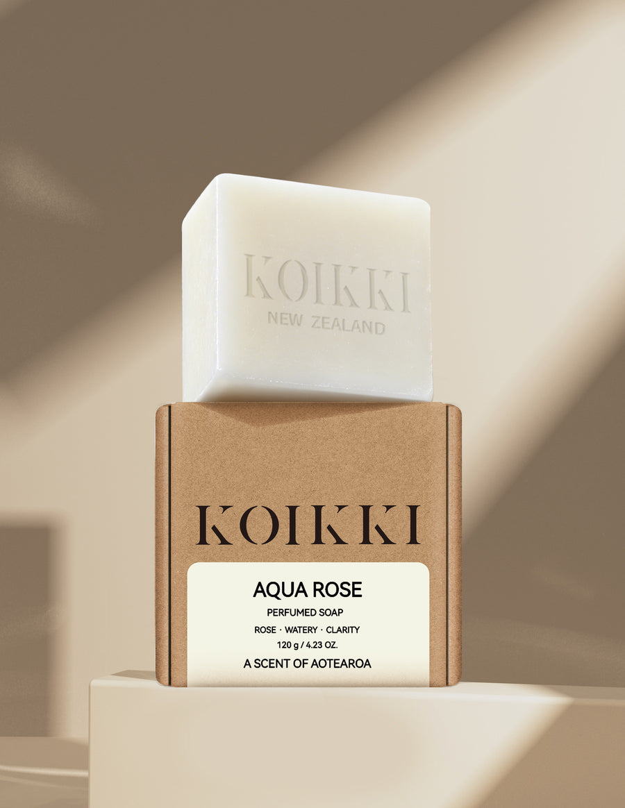 KOIKKI Aqua Rose 120g perfumed soap bar above its labelled kraft-coloured box.
