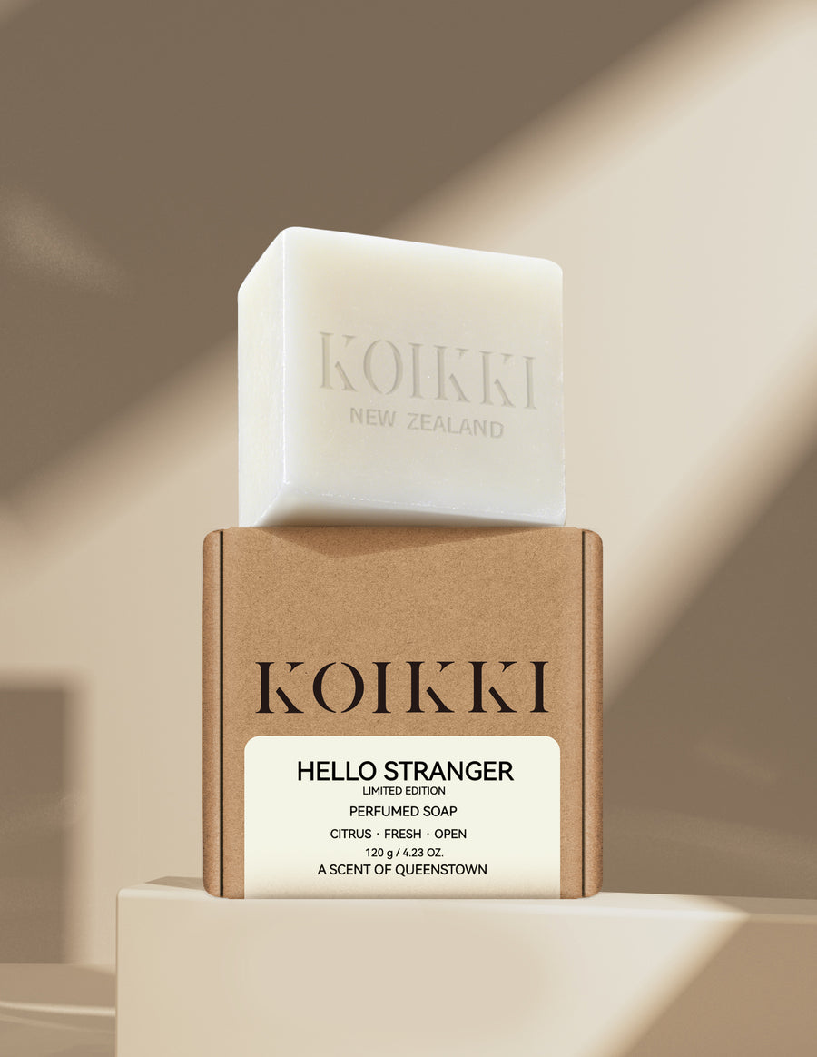 KOIKKI Hello Stranger Limited Edition 120g perfumed soap bar above its labelled kraft-coloured box.