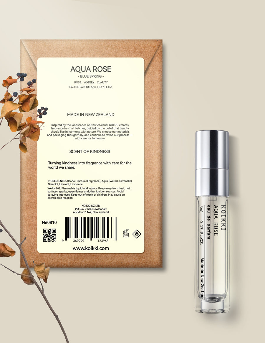 KOIKKI Aqua Rose 5ml eau de parfum spray bottle beside its Blue Spring packaging.